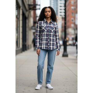 Redeemed Women's Plaid Navy Blue & Tan Buttoned Shirt